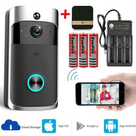 Smart Wireless WiFi Video Doorbell Phone Door Ring Intercom Security Camera Bell (Package: Doorbell+Battery+Charger+Chime)